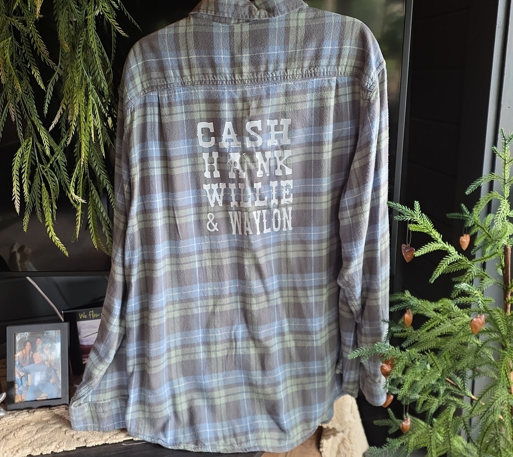 George Plaid Flannel Lite Blue and Gray with Custom Back Graphic